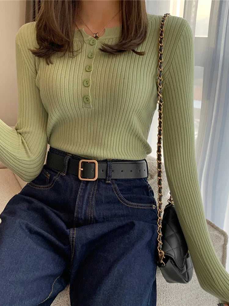 Knitted Women Sweater Button O-neck Pullovers Spring Autumn Basic Sweaters for Female Pullover Slim Solid Bold Stripes Tops