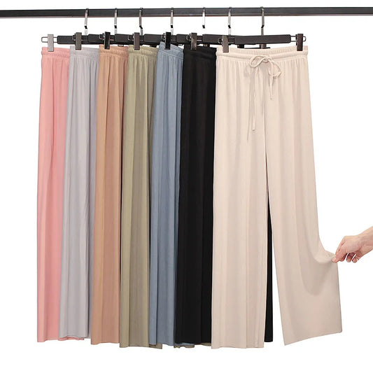 Women Ankle-Length Wide Leg Pants Casual Summer Solid Elastic Waist Loose Ice Silk Pants Spring Summer Female Trousers