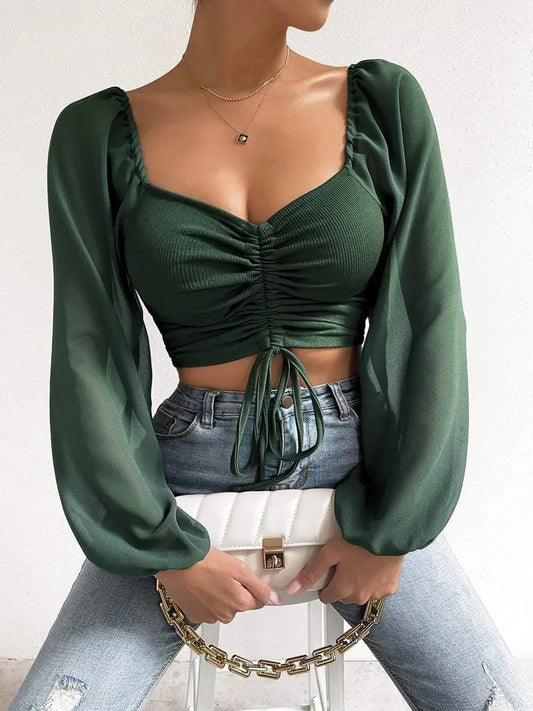 Sexy Puff Sleeve V-Neck Lace-Up Top