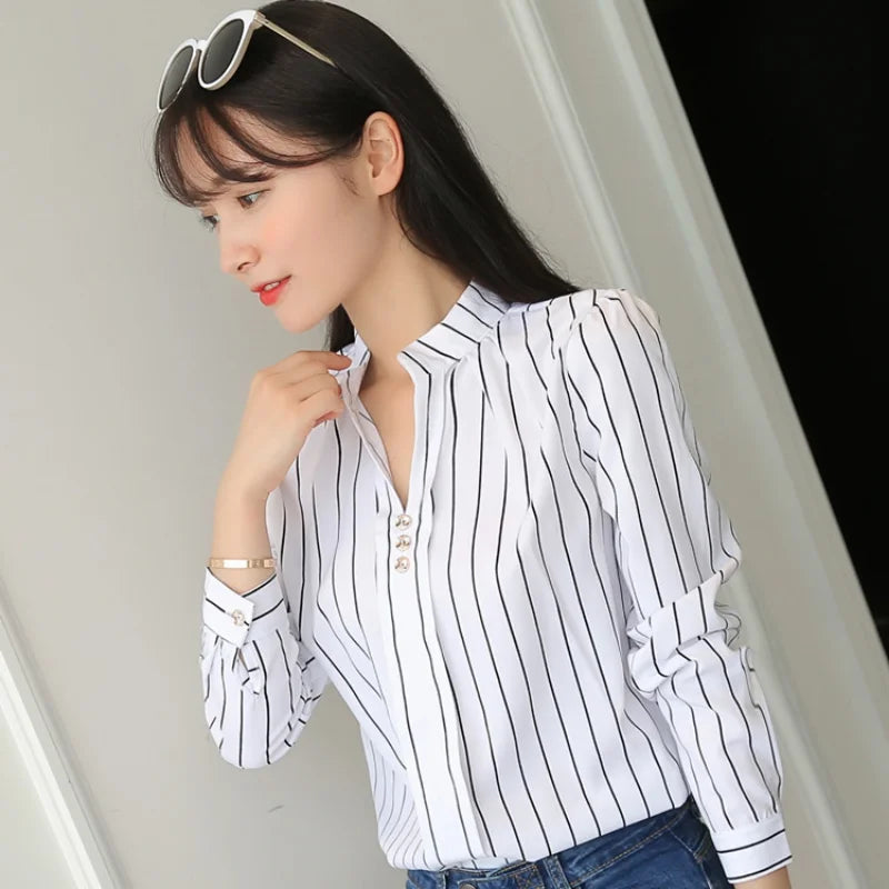 Stripe Women Blouse Fashion Standing Collar Women's Shirt Long Sleeved Shirts and Blouses Printing Ladies Tops Basic Womens Tops