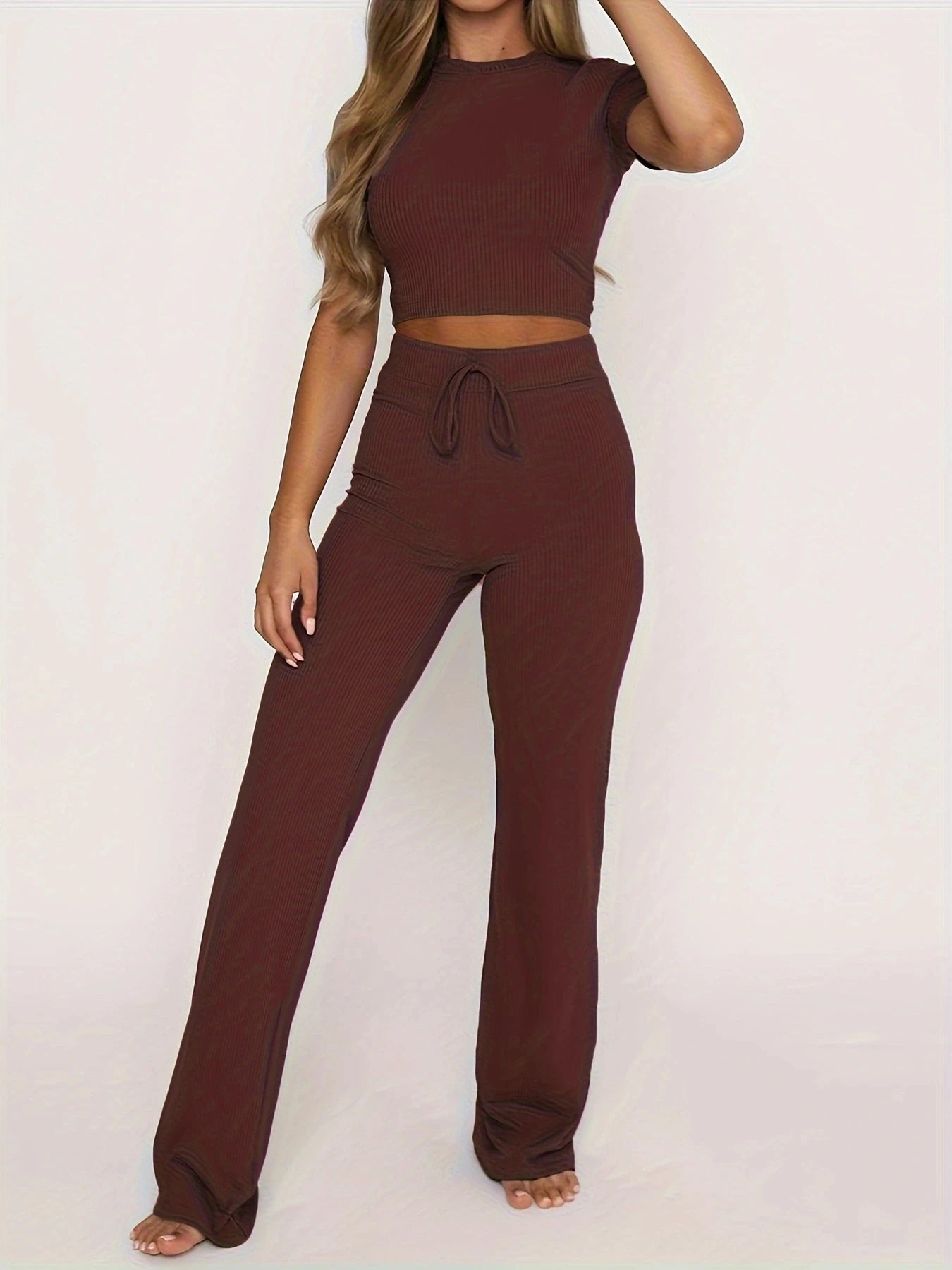 New Women's Solid Color Crop Sexy Open Umbilium Fashion Casual Pocket Slim Fit Pants Set 2 Piece Set Women