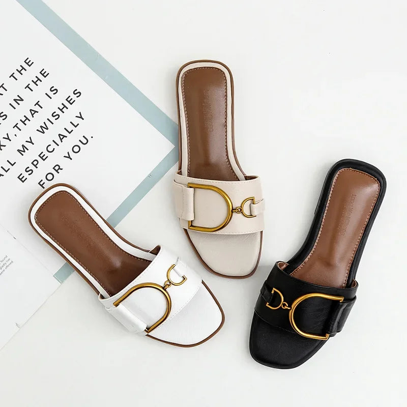 Summer Women Slippers Leather Square Toe Women Flats Flip Flops Designer Ladies Slides Sandals Women Shoes Luxury Sandals