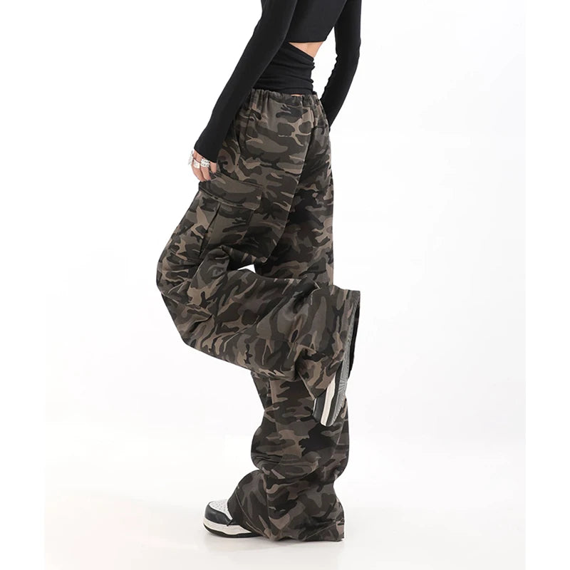 American Retro Camouflage Cargo Overalls -Wide Leg Baggy Pants