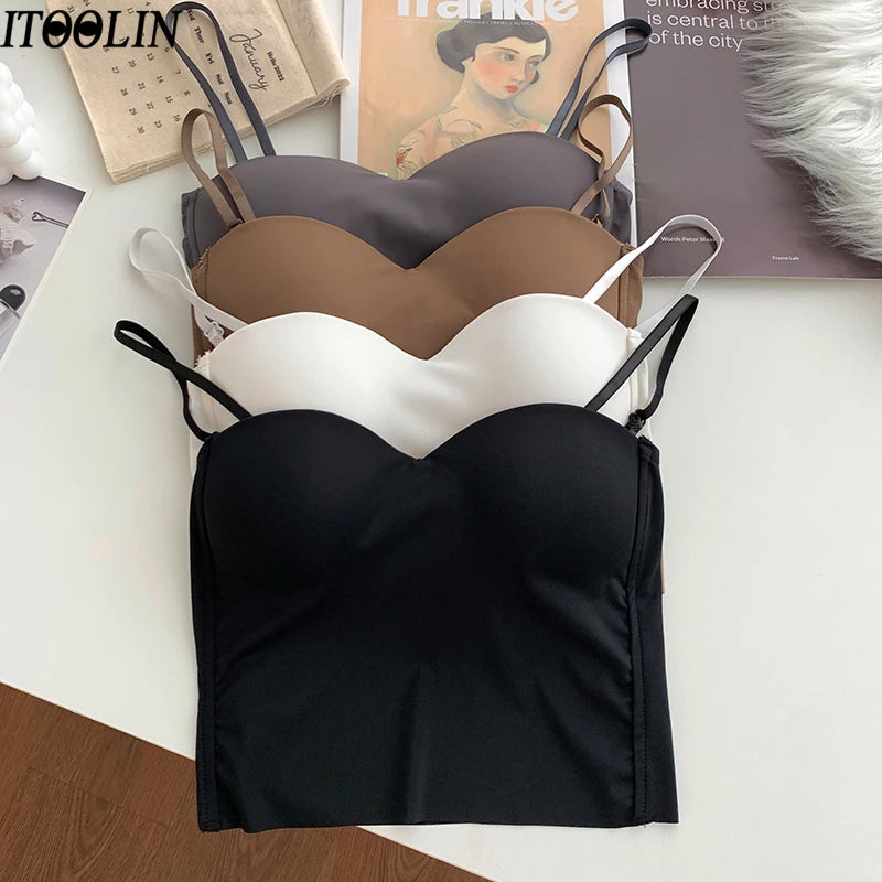 ITOOLIN Fashion Backless Tank Tops Cute Crop Tops For Women Slim Elastic Camisole Ice Silk Women Spaghetti Camis With Bra Pad