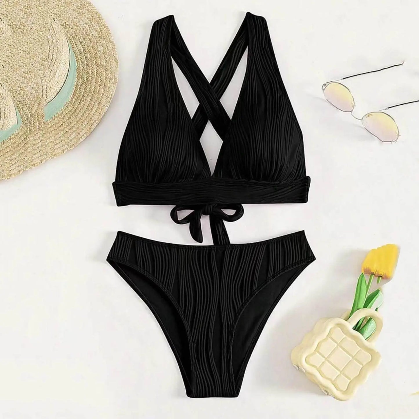 Triangle Bikini Set for Women 2024 V Neck Halter Tie Back Summer Bathing Suit High Waisted Summer Two Piece Swimsuit