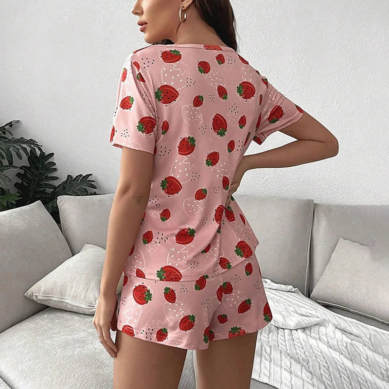 Pajamas Set for Women Breathable Strawberry Print Sleepwear Comfy Short Sleeve Top and Shorts Pyjama Home Loungewear for Ladies