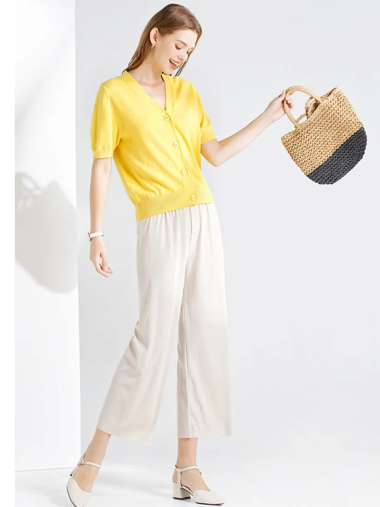 Women Ankle-Length Wide Leg Pants Casual Summer Solid Elastic Waist Loose Ice Silk Pants Spring Summer Female Trousers