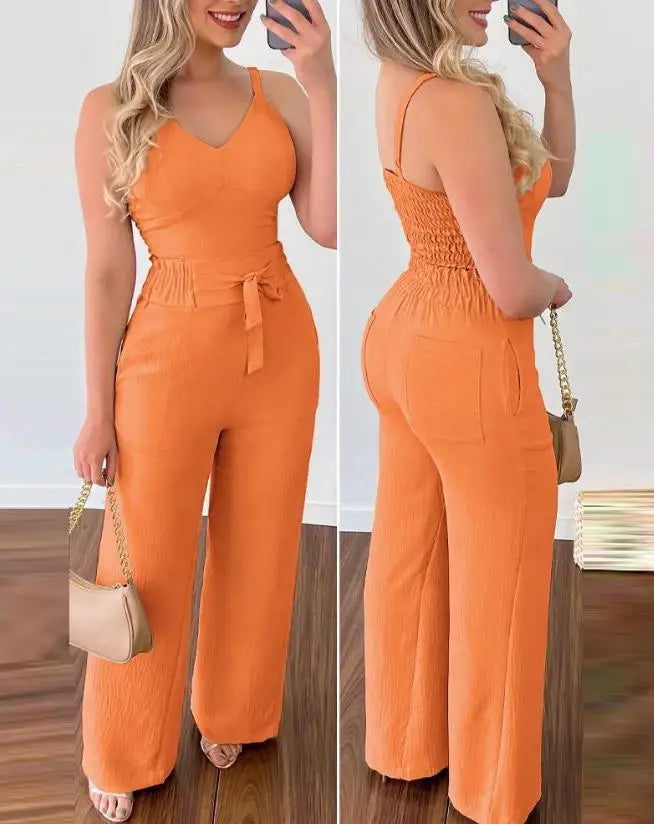 Elegant V-Neck Shirred Cami Jumpsuit Set