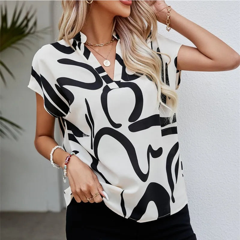 Women Summer Simple Style Blouses Shirts Lady Casual Short Batwing Sleeve V-Neck Printed Blouse Tops