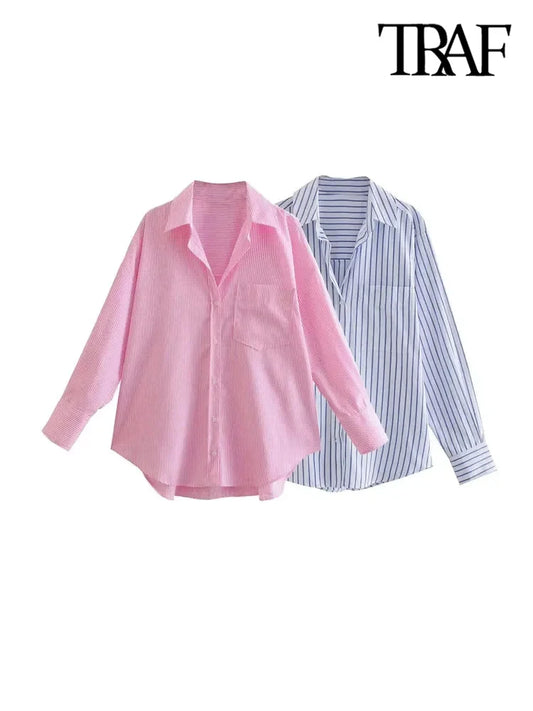 TRAF-Striped Loose Shirts With Pocket for Women, Long Sleeve, Button-up Blouses, Chic Tops, Female Fashion