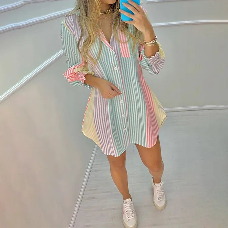 New Women's Spring Summer Printed Long Sleeve Lapel Casual Shirt Dress Ladies Single-breasted Cardigan Irregular Mini Dress 2022